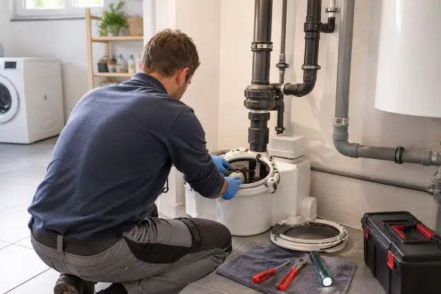 Geöffnete Abwasserhebeanlage im gepflegten Technikraum eines Wohnhauses mit bereitgelegtem Wartungswerkzeug