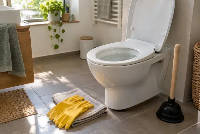 Toilette mit erhöhtem Wasserstand, daneben eine WC-Saugglocke, Schutzhandschuhe und saugfähige Tücher auf trockenem Boden